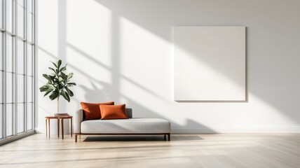 Fototapeta premium Spacious living room with modern art mural featuring fluid shapes and bold colors.