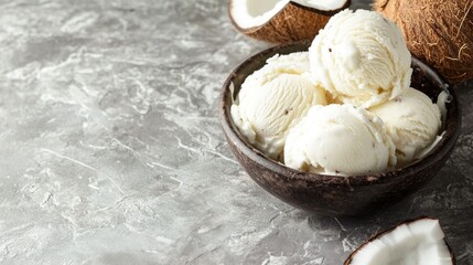 Fototapeta premium A serving of Thai coconut ice cream on a neutral grey background with room for text, ideal for restaurant menus.