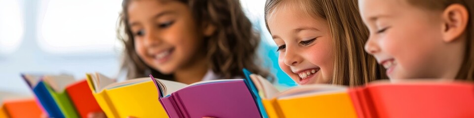 Happy pupils reading colorful books, Generative AI