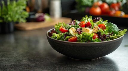 Fresh Salad with Cherry Tomatoes, Avocado, and Greens in a Black Bowl