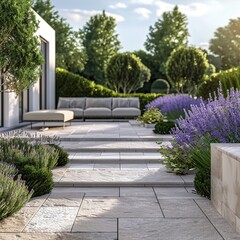 Obraz premium Elegant Garden Terrace with Stone Paving and Lavender Bushes