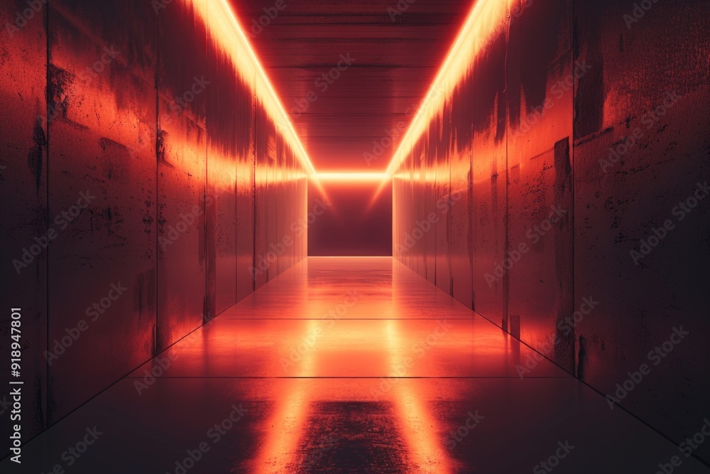 Poster a corridor with a single red light at the far end, potentially indicating an exit or warning