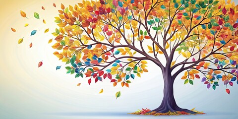 Obraz premium Colorful of a tree with hanging branches and multicolor leaves , vibrant, abstract, background, floral, tree,