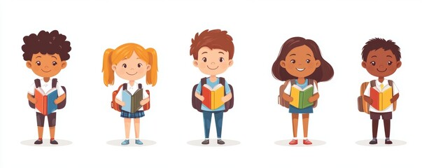 Smiling school children boys and girls with backpacks and books set isolated  illustration. Multiethnic cute kids, Generative AI