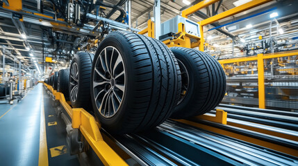 Automobile tires on a production line in a modern factory with automated machinery and bright yellow safety railings.