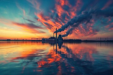 An industrial power plant emitting toxic smoke at sunset