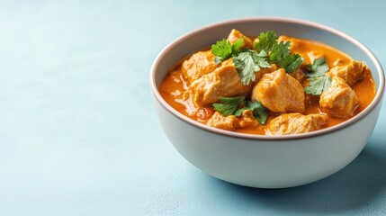 Butter chicken in a bowl on a soft blue background with space for text, perfect for food promotions.