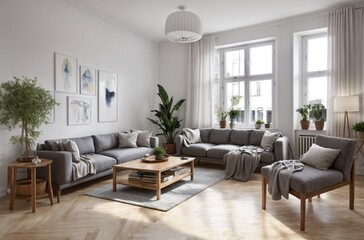 Fototapeta premium A living room with a white wall and a grey couch