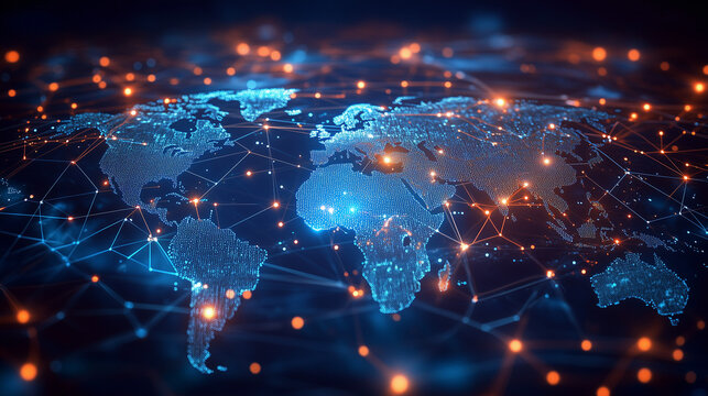 Global Digital Network. A vibrant digital illustration showing a global network with interconnected points across continents, representing global connectivity and communication.