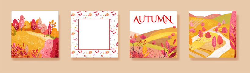 Set autumn poster Hand drawn. Trees in the forest near the clearing. Frame with plant pattern. Print on the cover of a notebook, notebook or wallpaper. Vector