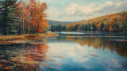 Fototapeta premium Autumnal Forest Reflecting on a Tranquil Lake