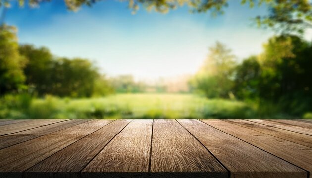 empty wooden table wood floor stage and blurred outdoor green park view with sunshine. ai generative