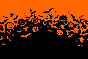 Halloween banner with black bats, pumpkins and ghosts on the orange background. Illustration with text.
