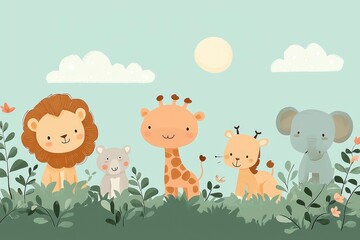 Naklejka premium Cute Cartoon Safari Animals in a Green Meadow