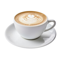 Isolated Flat White Coffee with Latte Art in White Cup and Saucer.