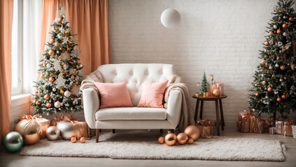Cozy bright Christmas living room white brick wall decorated with Christmas balls peach armchair