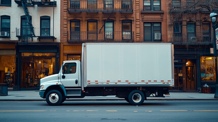 Fototapeta premium White Delivery Truck on City Street. A white delivery truck parked on a quiet city street, with historic buildings in the background, representing urban logistics.