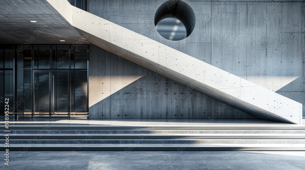 Poster a modern architectural design featuring a concrete building with stairs and a unique circular window