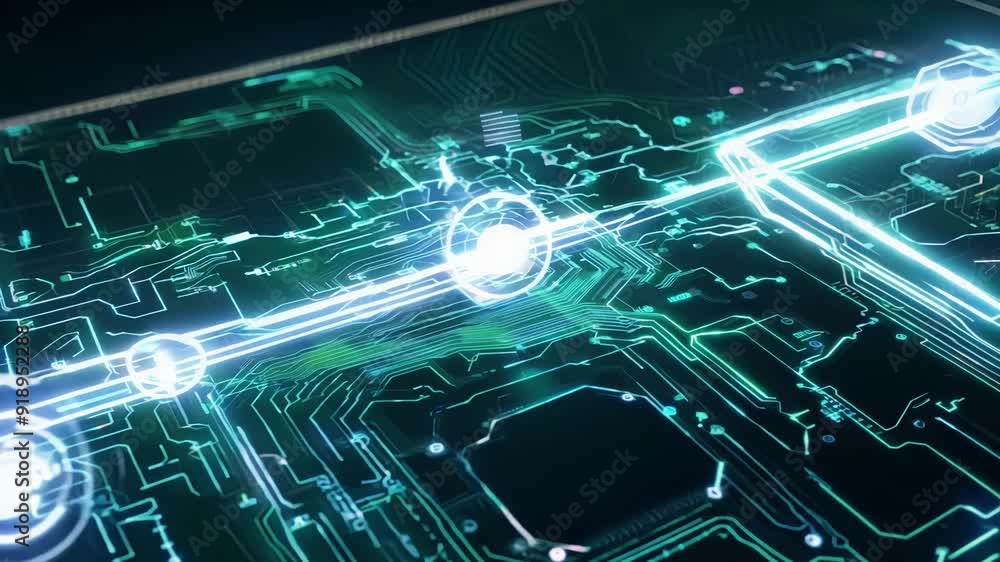 Poster a close-up view of intricate circuit board patterns showcasing cutting-edge technology and digital i