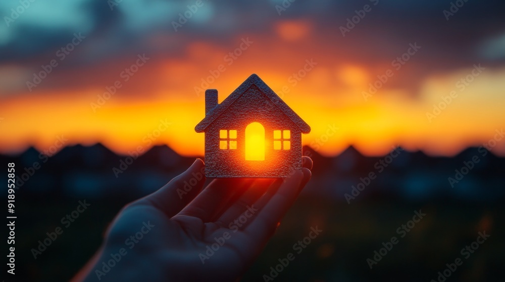 Poster a hand holding a house with a window open, with the sun shining through it