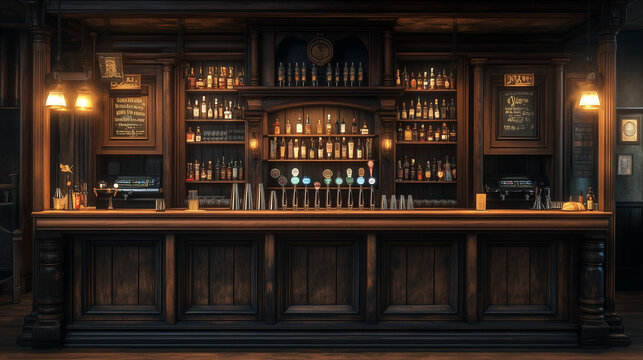 Vintage Bar Interior. Classic wooden bar interior with rows of bottles and dim lighting, evoking an old-fashioned, sophisticated atmosphere.