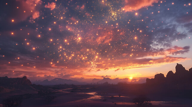 Fantasy sunset scene with stars and a river over a silohette mountain range of pinks and yellows