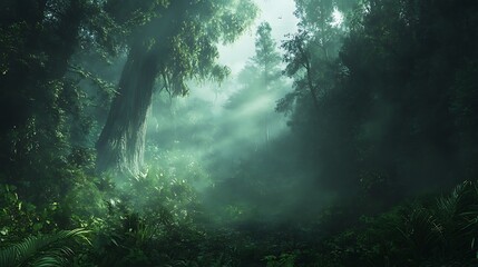 Obraz premium Golden sunbeams pierce through emerald canopy, creating ethereal dance of light and shadow
