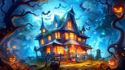 Haunted House in the Woods at Night.