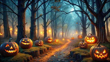 Spooky forest sunset with evil glowing eyes of Jack O' Lanterns on Halloween night, spooky, forest, sunset, haunted, evil