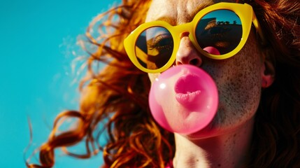 A red-haired girl in sunglasses blows a bubble gum bubble with her mouth
