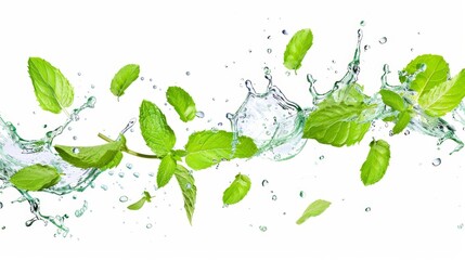 Mint and water splashes on white background
