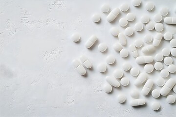 Scattered white tablets and pills on a light grey background. The image represents medication, healthcare, and pharmaceutical concepts