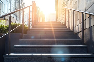 Fototapeta premium Stone staircase with metal railing leading up to building in sunlight. Sun flare and cityscape in background.