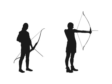 Young girl with bow and arrow. Female holding bow and arrow aiming to shoot. Hunter hunting. vector illustration set. Archer girl vector silhouette illustration isolated on white background.