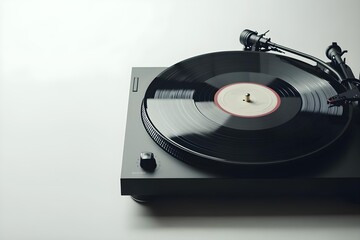 Black Turntable Playing Vintage Vinyl Record with Dusty Grooves on White Background, Retro Music Concept with Space for Text and Copy