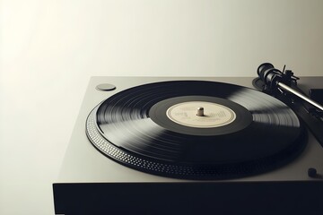 Black Turntable Playing Vintage Vinyl Record with Dusty Grooves on White Background, Retro Music Concept with Space for Text and Copy