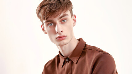 Obraz premium Portrait of a young, handsome guy with a brown shirt on a gray background 