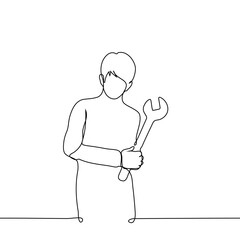 man stands holding a giant wrench with both hands - one line art vector. concept of repair work, attack with tool