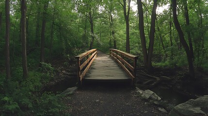 Obraz premium Rustic wooden bridge winds through lush green forest