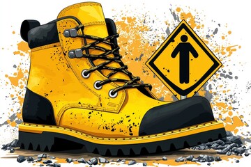 Yellow Work Boots with Construction Sign