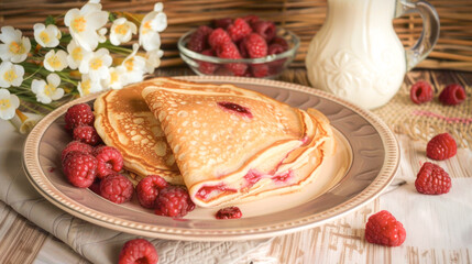 Pancakes with raspberries on a plate and a jug nearby on a wooden table
