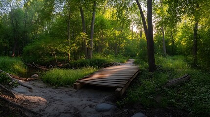 Fototapeta premium Wooden bridge spanning a forest path, inviting nature walk