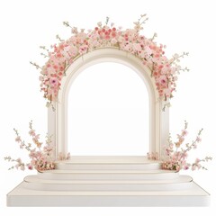 Podium with an arch decorated with flowers on a white background
