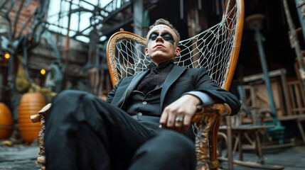 Person in a black suit with face paint, sitting in a wicker chair amidst an outdoor setting with rustic decor.
