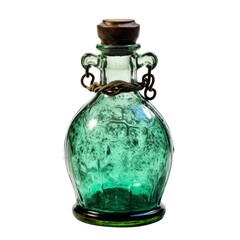 Vintage Green Glass Bottle with Wooden Stopper and Chain Detail Isolated without Background