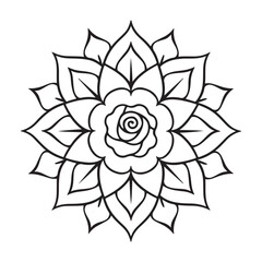 Minimalist Mandala with Central Rose and Symmetrical Petals for Easy Coloring Book Page, Henna