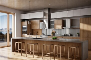 A kitchen with a large window and wooden stools
