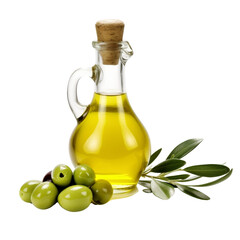 Isolated Olive Oil Bottle with Green Olives and Olive Branch.