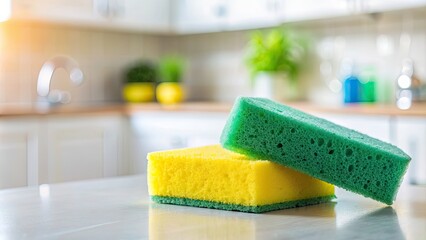 Two scouring sponges on a clean kitchen counter, sponges, cleaning, kitchen, household, scrubbing, tools, supplies, yellow - Powered by Adobe