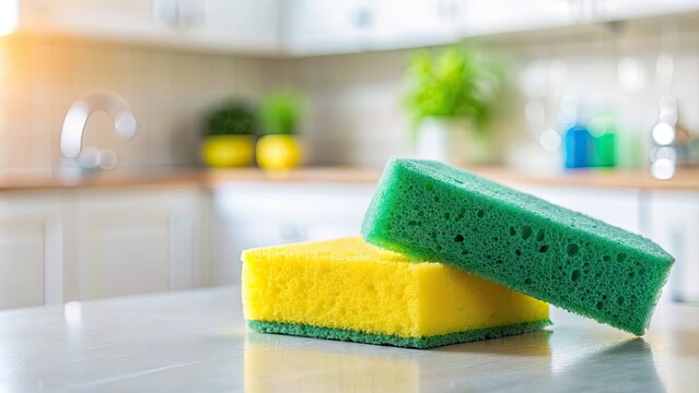 Two scouring sponges on a clean kitchen counter, sponges, cleaning, kitchen, household, scrubbing, tools, supplies, yellow